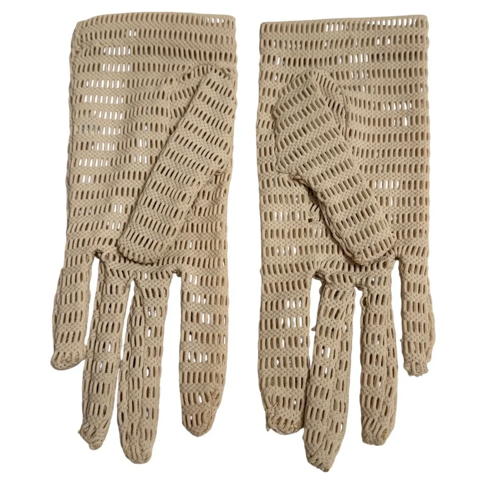 Van Raalte Womens Vintage Perforated Mesh Gloves Embroidered Bows & Mini Pearls
